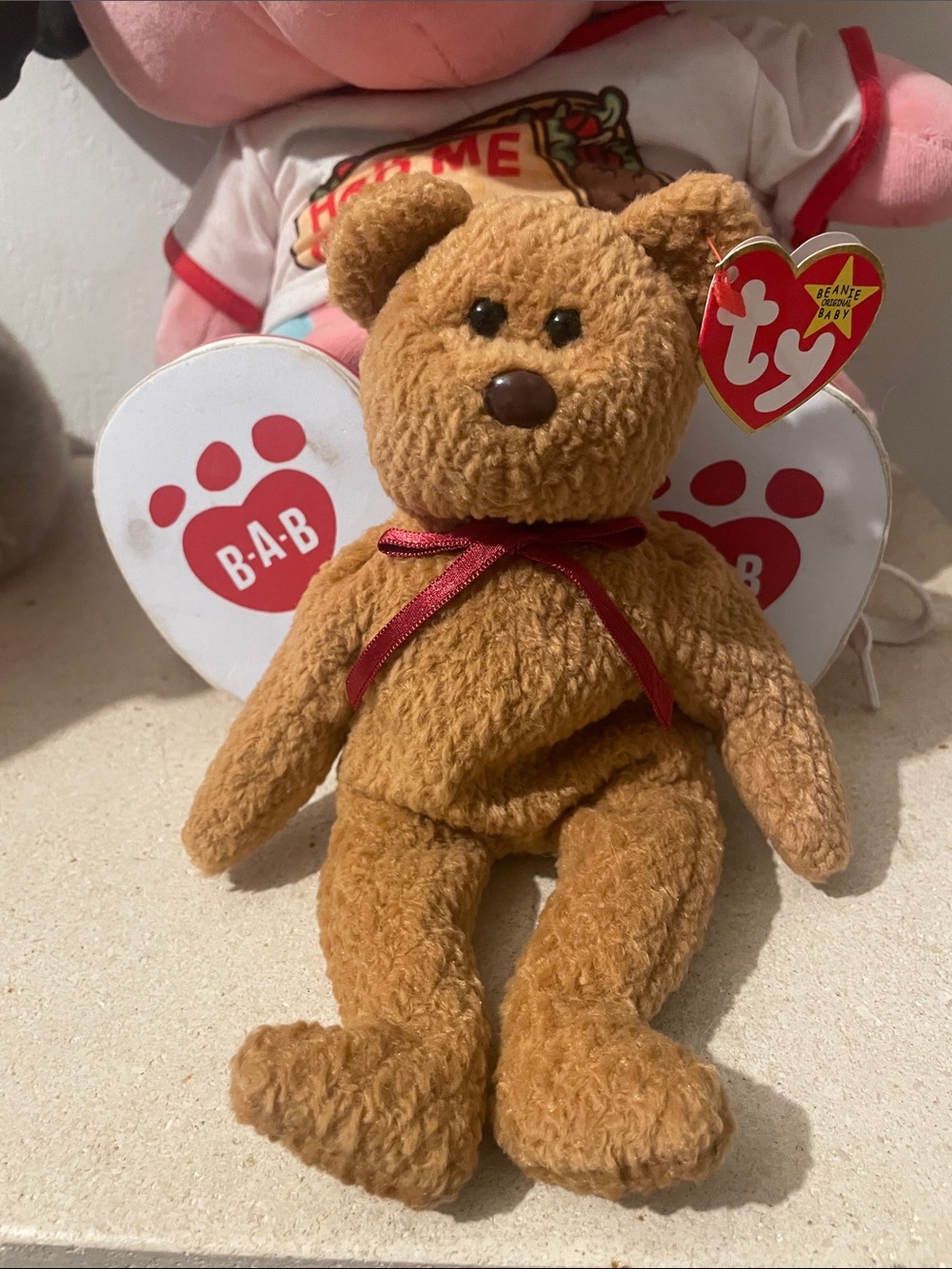 Curly, 96, Ty Brown Teddy Bear Plush with Red Ribbon - Beanie Baby Style